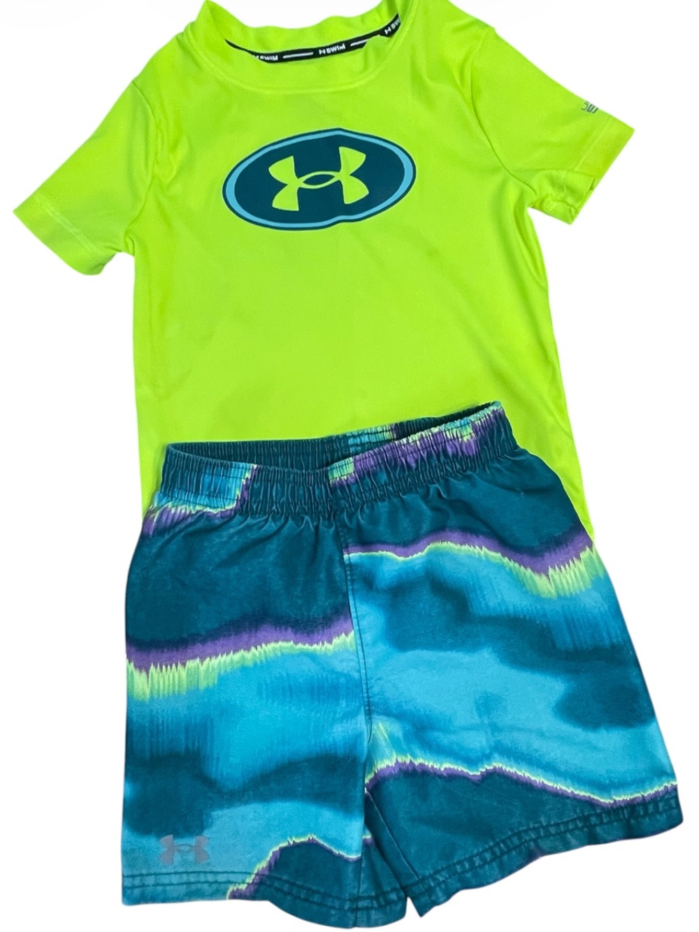 Under Armour Lime Green Logo Rash Guard with Teal & Blue Tie-Dye Swim Shorts